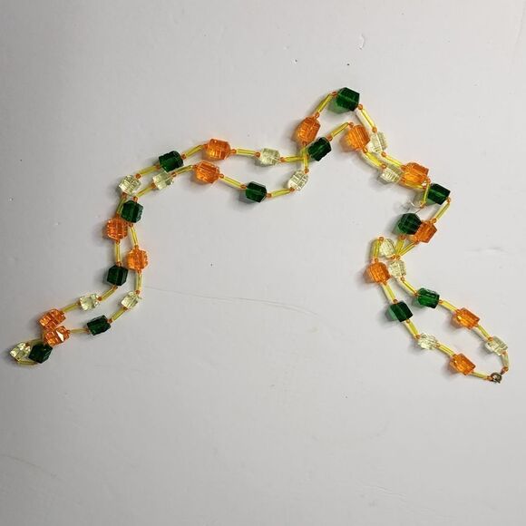 Vintage Lucite Faceted Cube Necklace Orange Yellow Green - Picture 1 of 4